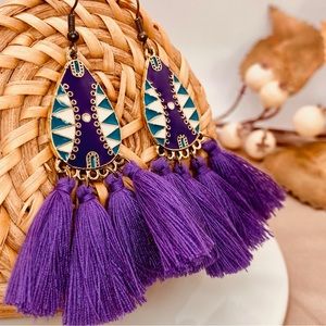 Bohemian Antique Gold Colorful Purple Cotton Tassel Long Drop  Earrings
